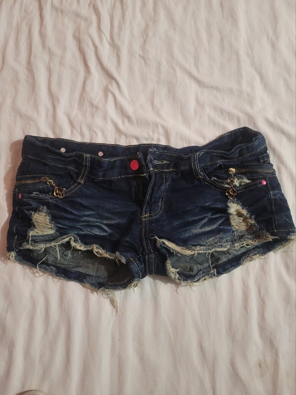 Women's Distressed Dark Denim Low-Rise Shorts
